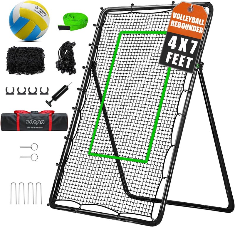 LOMGWAYS Volleyball Rebounder Net with Volleyball, Bungee Cords,Carry Bag and Neon Target, 5 Adjustable Angles Bounce Back Net for Volley Ball,Baseball,Improve Skills (4x7ft) - Image 1